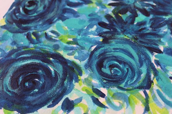 Love to walk with you always, 2017 - Blue Roses, Floral Acrylic Painting on 220 GSM Handmade Paper