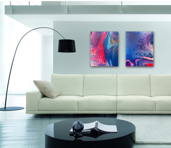 "Sharing A Dream" - FREE USA SHIPPING - Original PMS Abstract Diptych Fluid Acrylic Paintings On Canvas - 32" x 20"