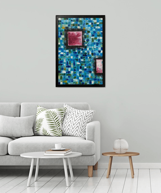 "Mosaic Squared" - Original Highly Textured PMS Abstract Oil Painting On Wood, Framed - 26" x 38"