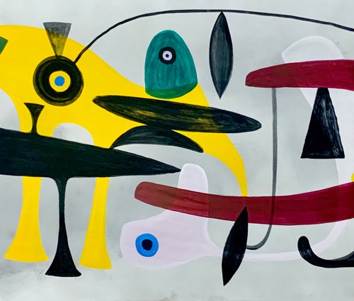 Bird and Fish Abstract ink acrylic painting on paper by Ulugbek Doschanov