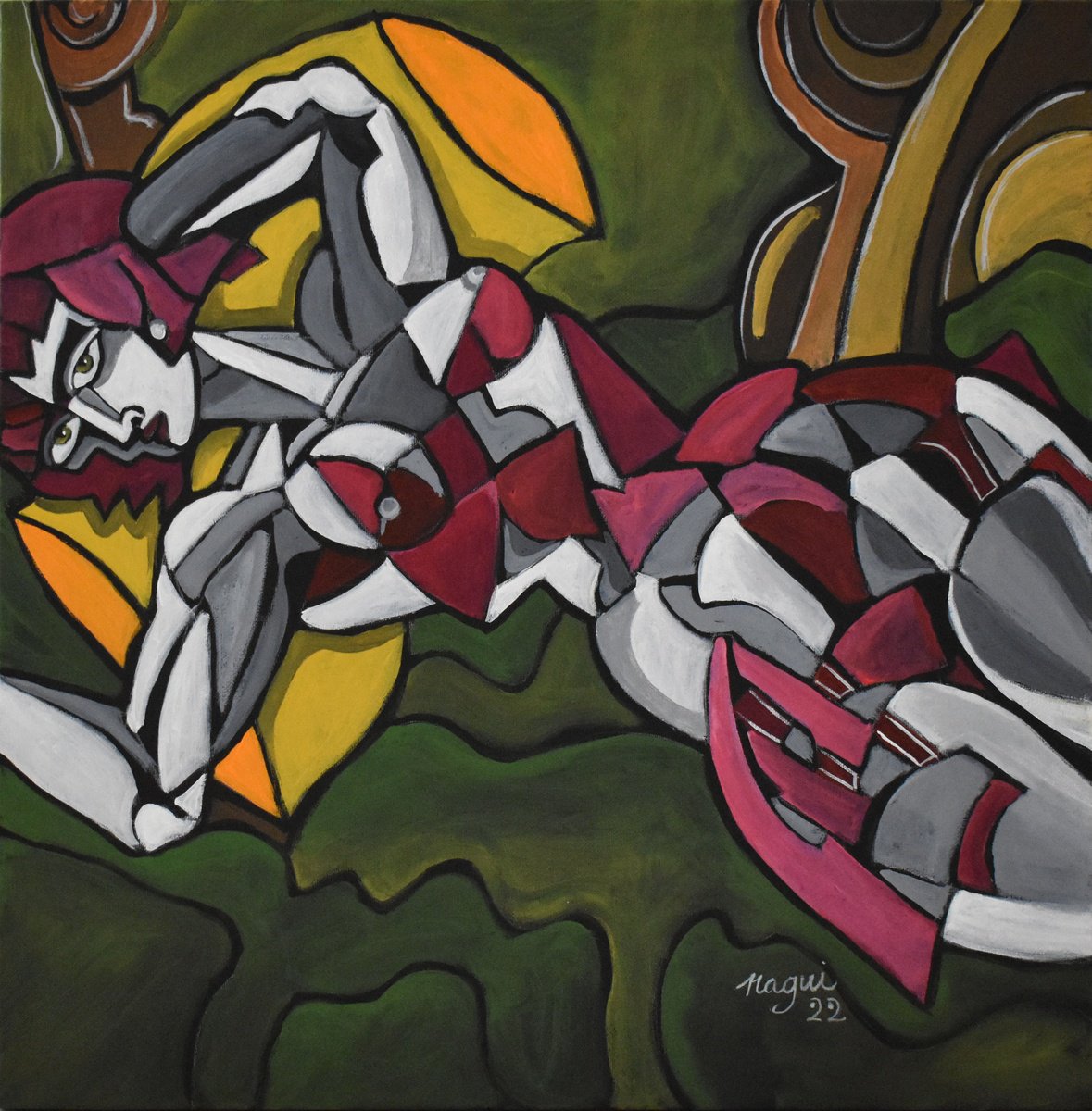 Expressive Portrait Acrylic Painting By Nagui, 20 X 20", Leaning Model 22, Original Artwork