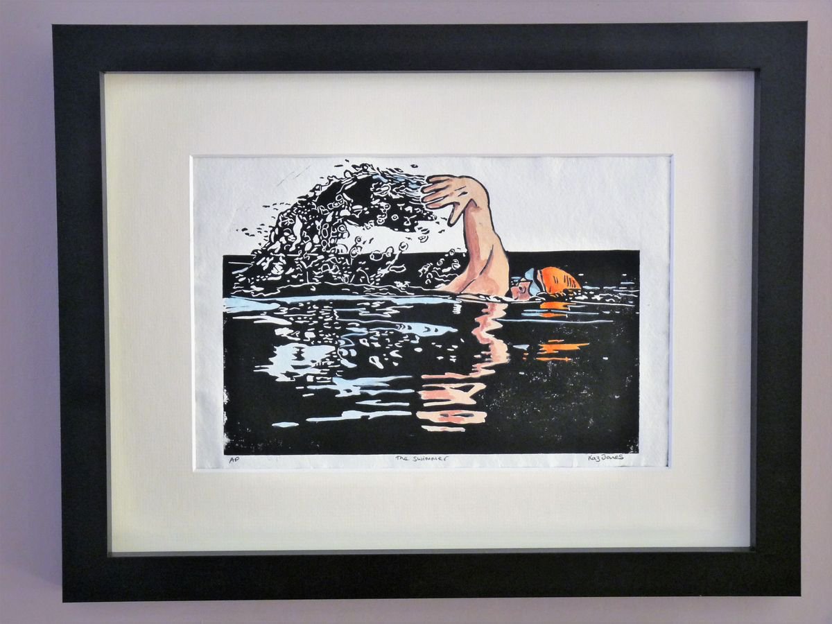 Impressionistic Portrait Linocut By Kaz Jones, 12 X 8", The Swimmer, Original Artwork