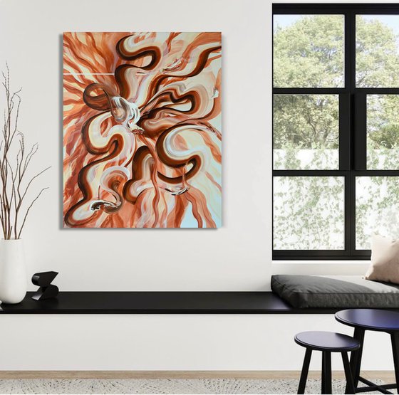 Swirls. White brown ribbons large Abstract Art.