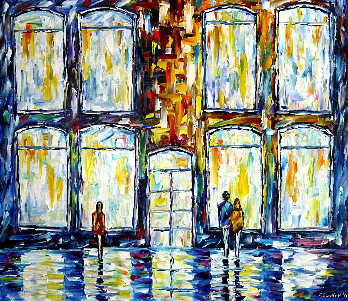 Expressive Cityscapes Oil Painting By Mirek Kuzniar, 28 X 24", In Front Of Shop Windows, Original Artwork