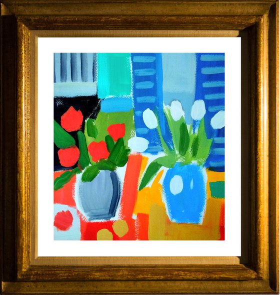 Tulips and Blue Shutters