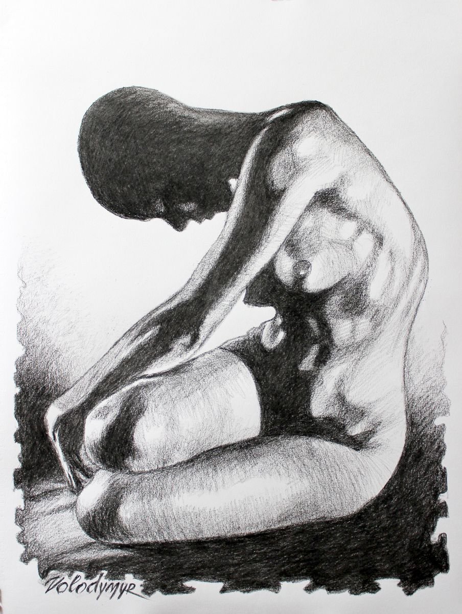 Graphic Portrait Charcoal Drawing By Volodymyr Melnychuk, 20 X 26", Nude, Original Artwork