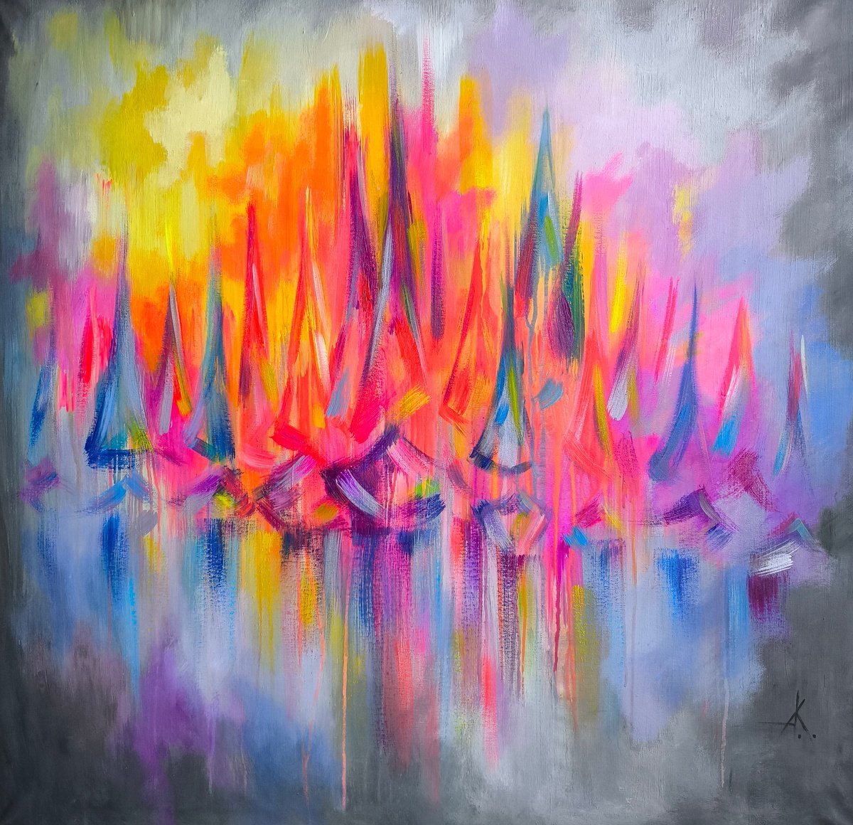 Abstract Acrylic Painting By Anastasia Kozorez, 39 X 39, Sails In Summer Hues, Original Artwork