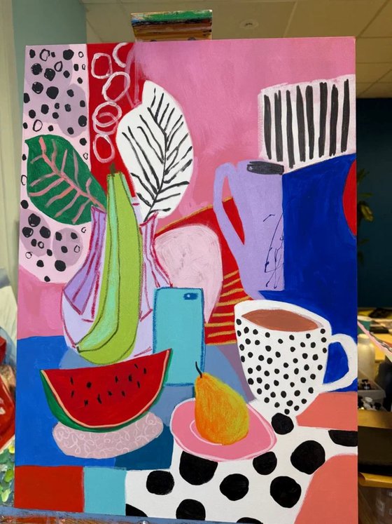 Colorful Still Life with Cups and Fruit