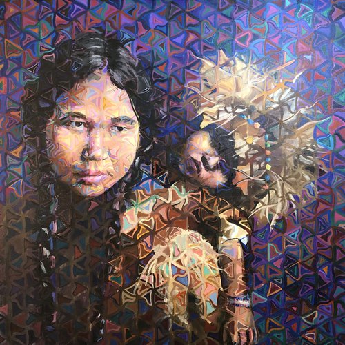 Native American Mother and Child, Flock of Birds Tessellation by Julian Bourne