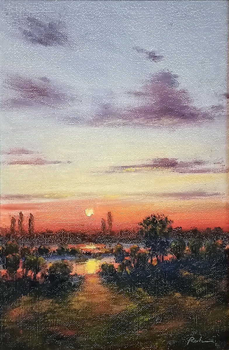 Impressionistic Landscape Oil Painting By Oleh Rak, 16 X 24", A Dream In A Summer Night, Original Artwork