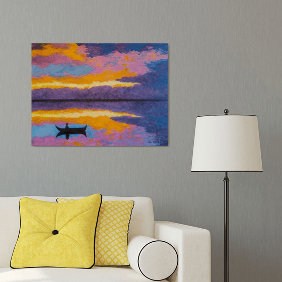 Silence - colorful evening on the lake; sunset; home, office décor