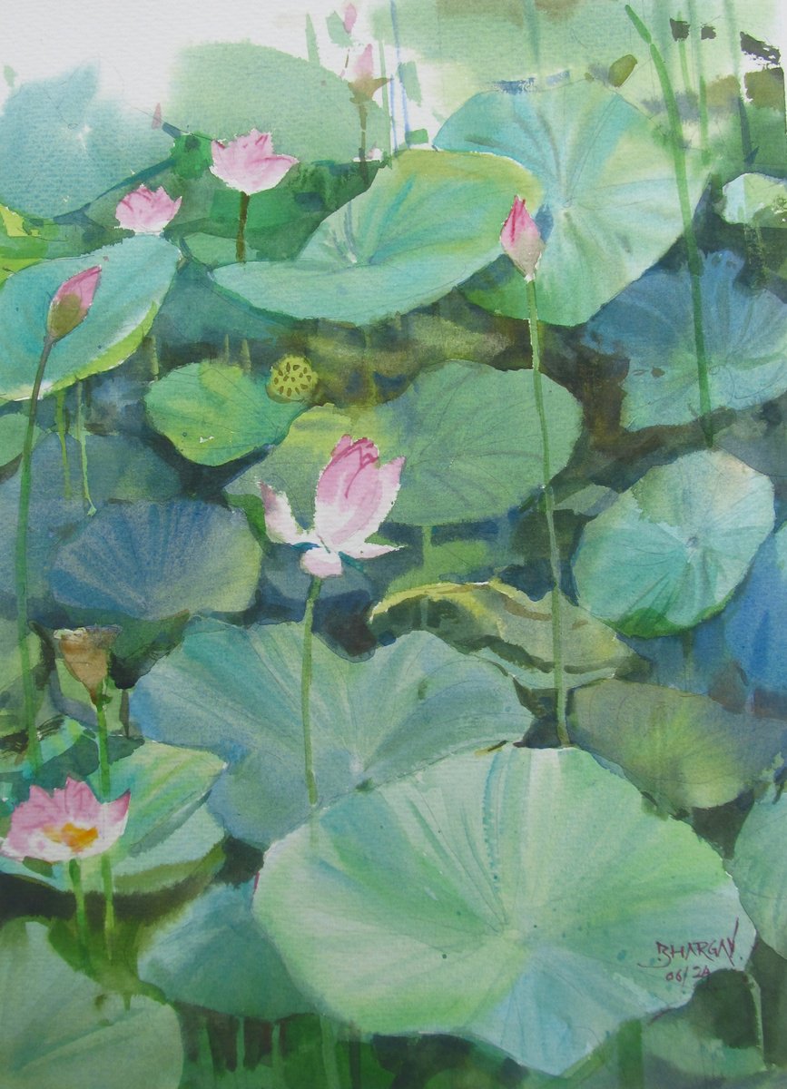 Impressionistic Botanical Watercolour By Bhargavkumar Kulkarni, 10 X 14, Lotus Pond 3, Original Artwork