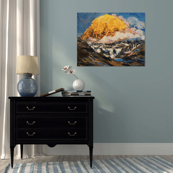 HIMALAYAS.  KAILASH MOUNT - landscape art, mountainscape, mountain, yellow sunset over the mountains 72x91