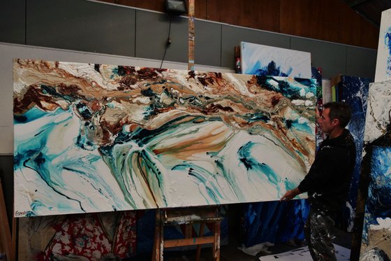 Coastal Rapture 270cm x 120cm Teal Cream Textured Abstract Art