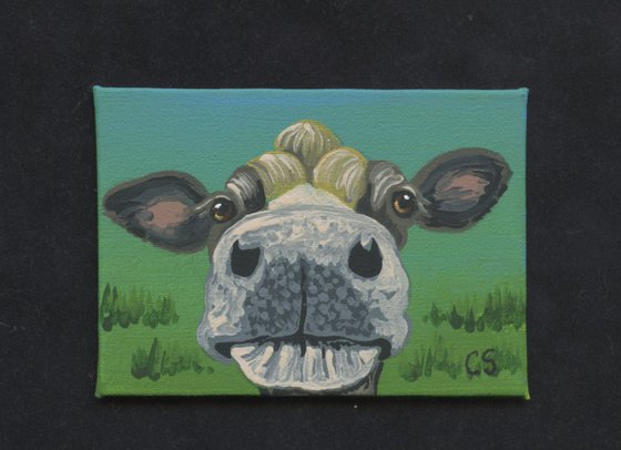 ACEO ATC Original Painting Brown Cow Farmyard Art-Carla Smale