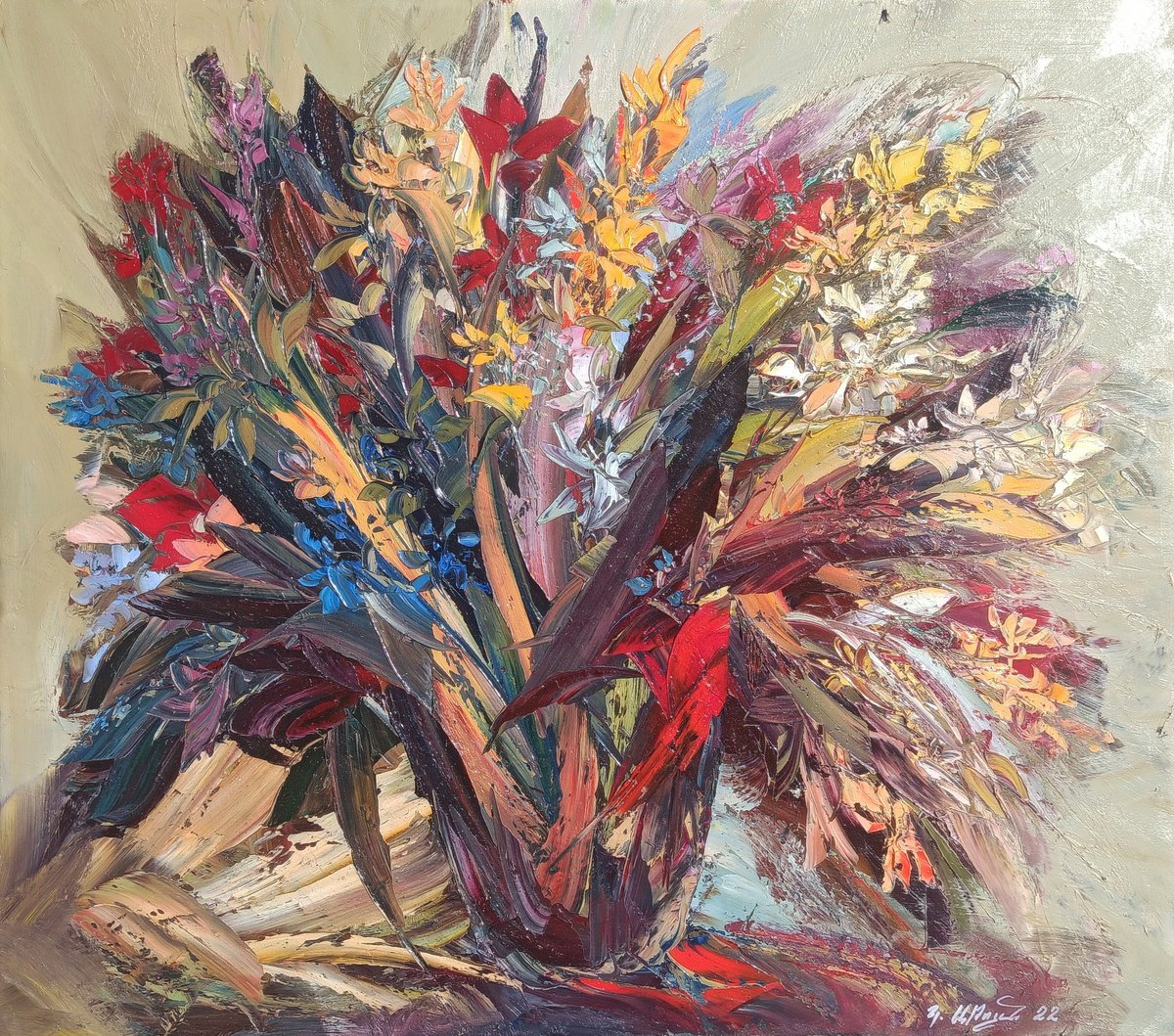 Impressionistic Botanical Oil Painting By Kamo Atoyan, 31 X 28", Abstract Flowers, Original Artwork