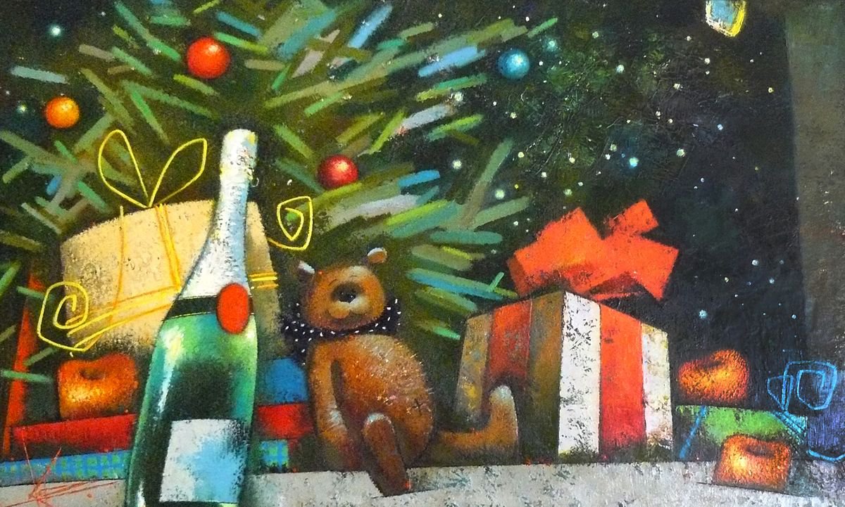 Impressionistic Still Life Oil Painting By Oksana Kornienko, 37 X 22", New Year, Original Artwork