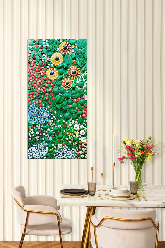 COLORFUL SUMMER GARDEN. Amber mosaic botanical floral abstract landscape