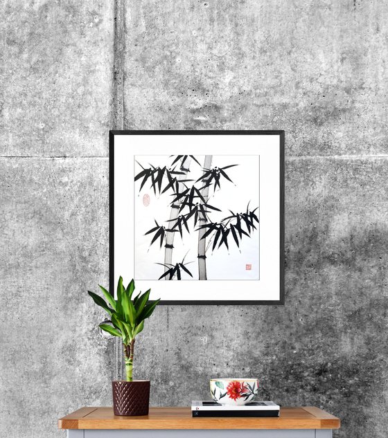 A pair of black bamboos - Bamboo series No. 2105 - Oriental Chinese Ink Painting