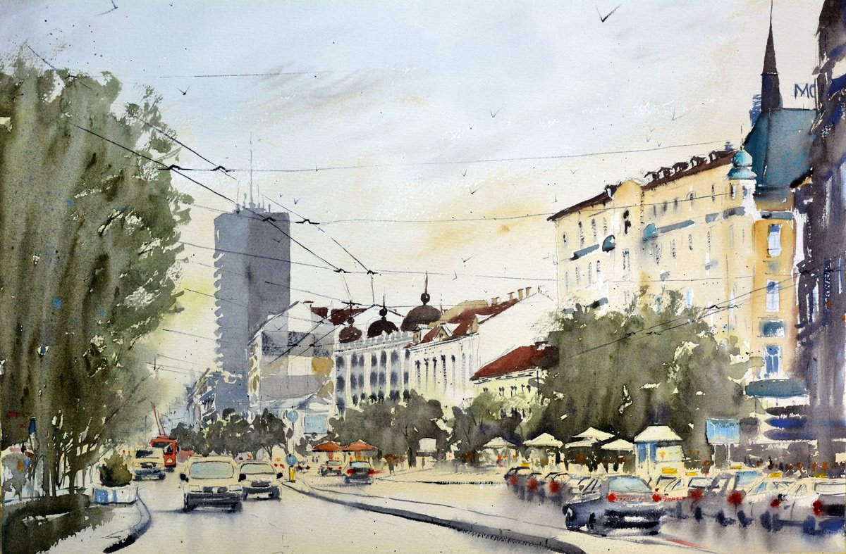 Traffic on Terazije square, Belgrade 36x54cm by Nenad Kojic watercolorist