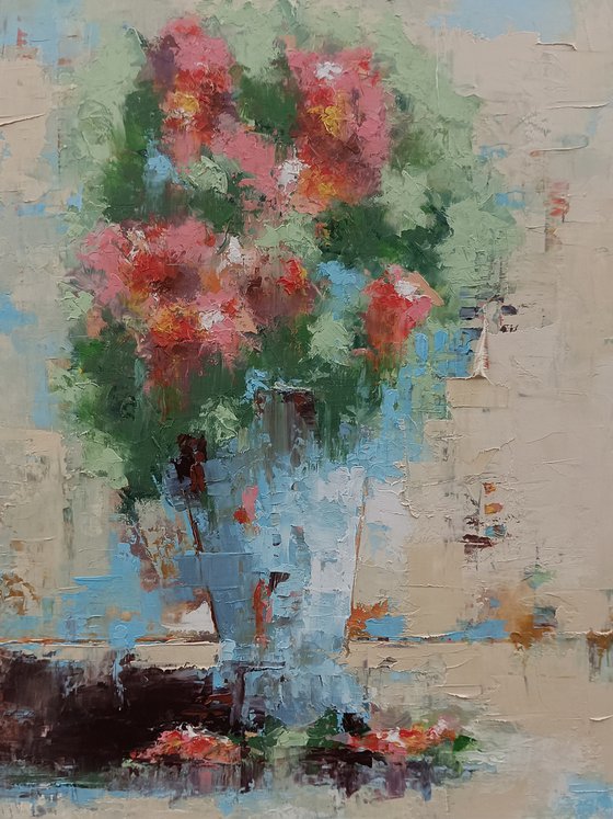 Modern still life painting. Abstract flowers in vase