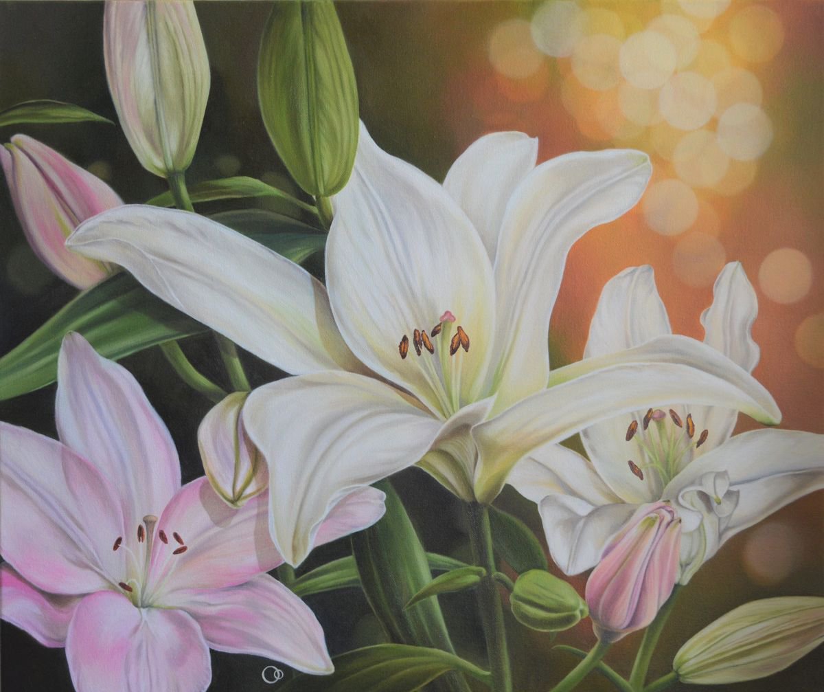 Serenity floral oil painting lilies by Veronique Oodian