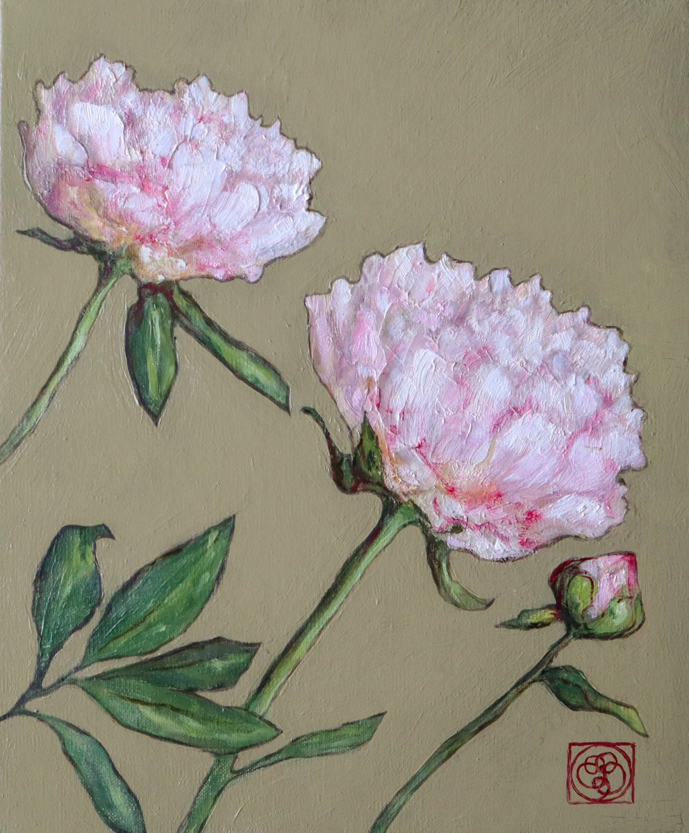 Illustrative Botanical Oil Painting By Katia Bellini, 10 X 12", Peonies Study 1, Original Artwork