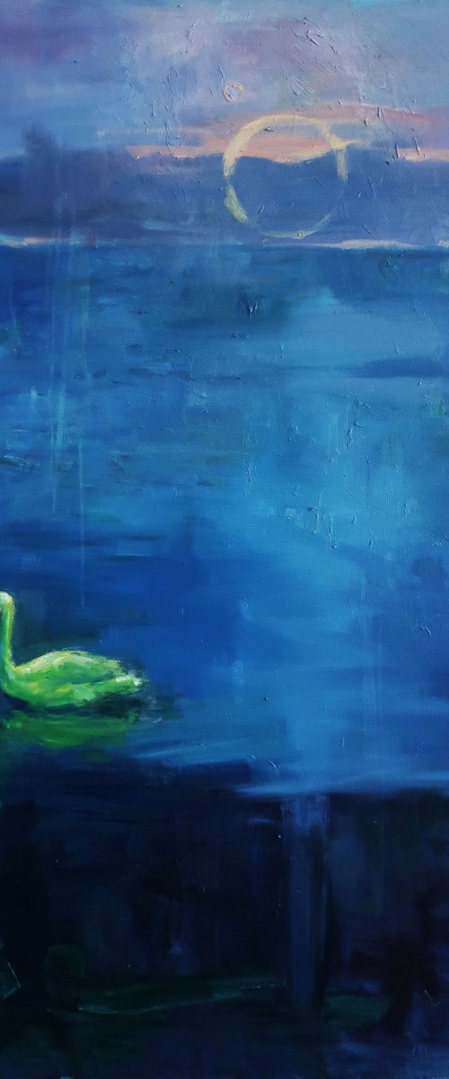 Oil painting Sea Abstract Sunset Swan by Anna Shchapova