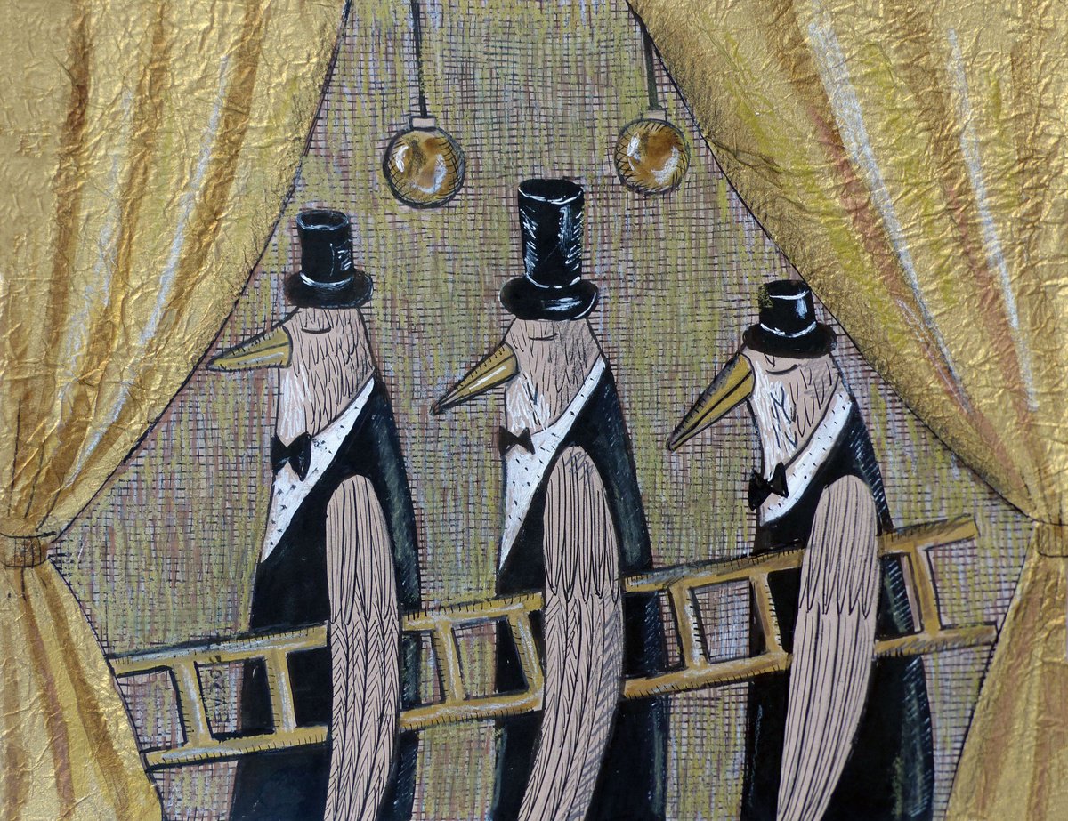 Naive Animal Painting By Elizabeth Vlasova, 14 X 11, Stage Workers, Original Artwork