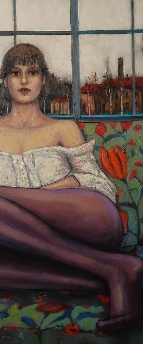 Woman in purple stockings by Massimiliano Ligabue
