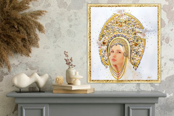 Queen \ Princess with jewelry crown. Folk art mixed media photo collage with precious stones, rhinestones