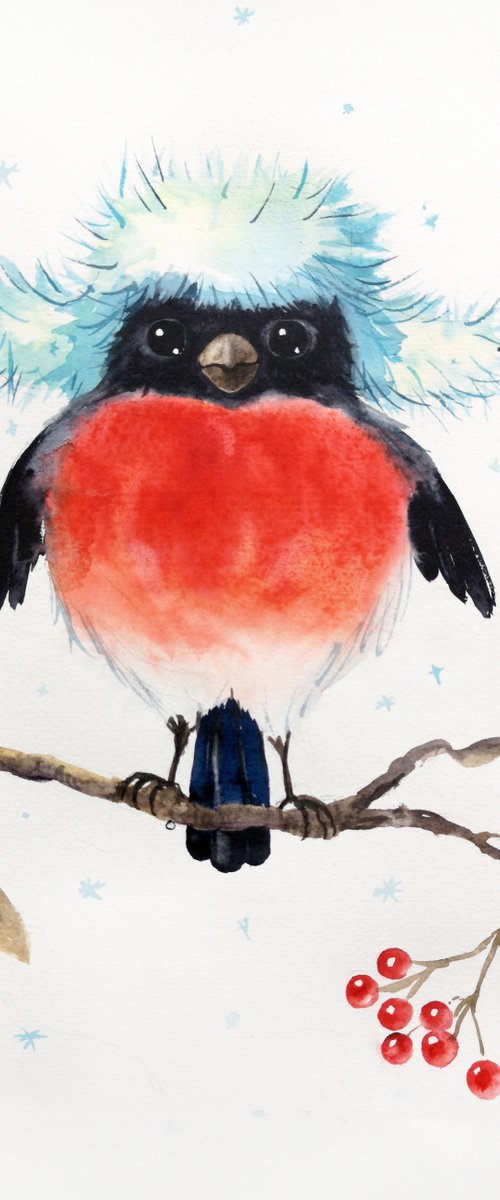 Funny Bullfinch by Olga Beliaeva Watercolour