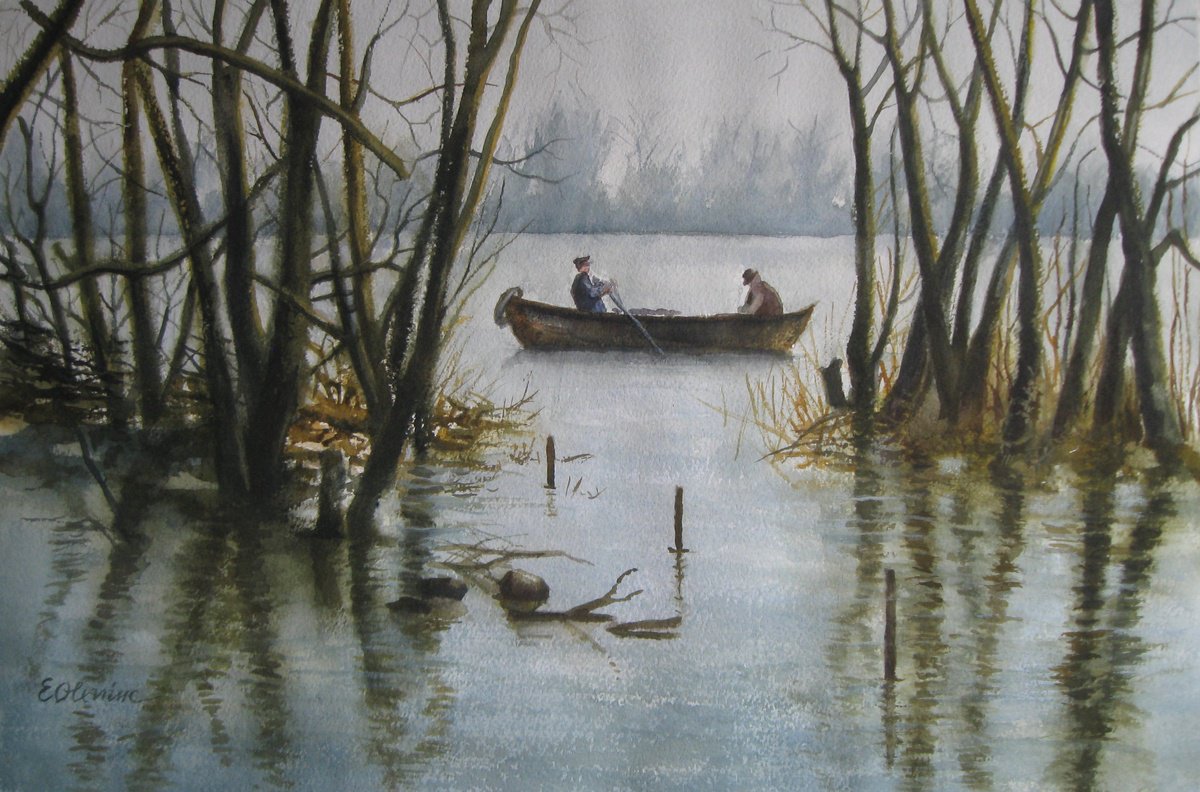 Expressive Landscape Watercolour By Elena Oleniuc, 22 X 15, Boat On The River, Original Artwork