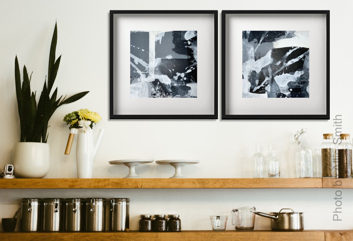 Abstraction No. 20220 1+2 black and white - set of 2 by Anita Kaufmann