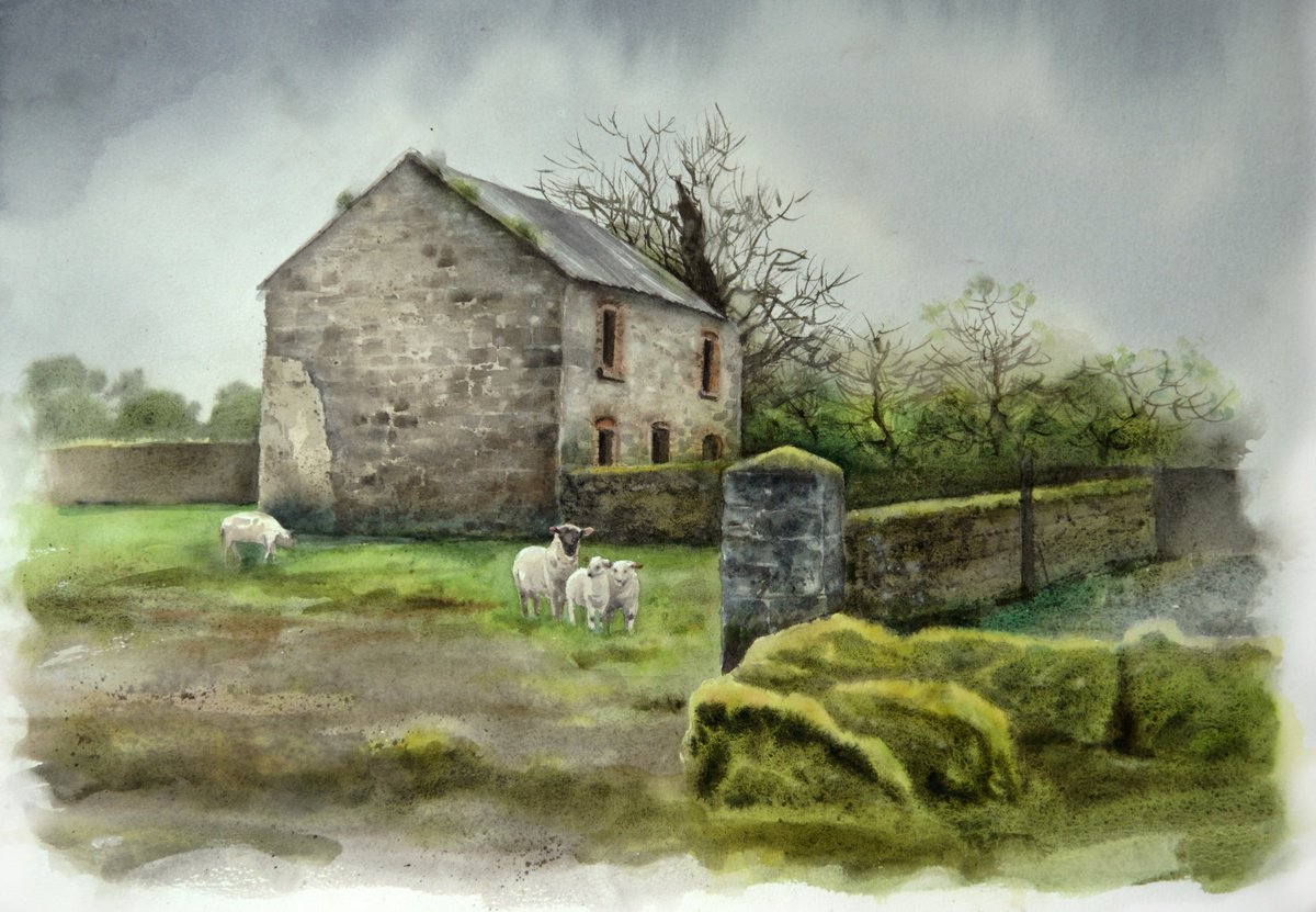 Old England Farmhouse in Early Spring - farm house - thunder sky by Olga Beliaeva Watercolour