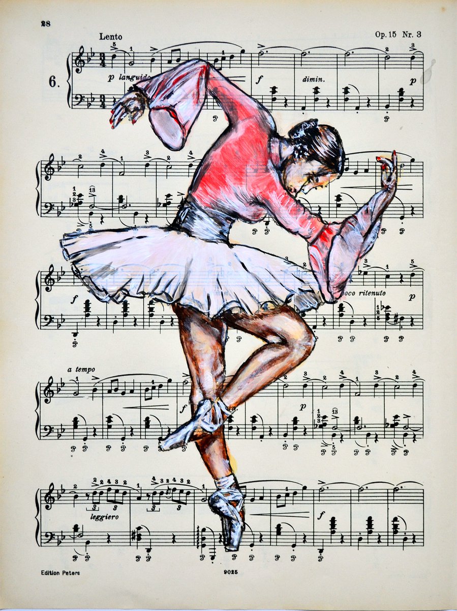 Expressive Portrait Collage By Misty Lady - M. Nierobisz, 8 X 12", Ballerina Xli- Music Page, Original Artwork