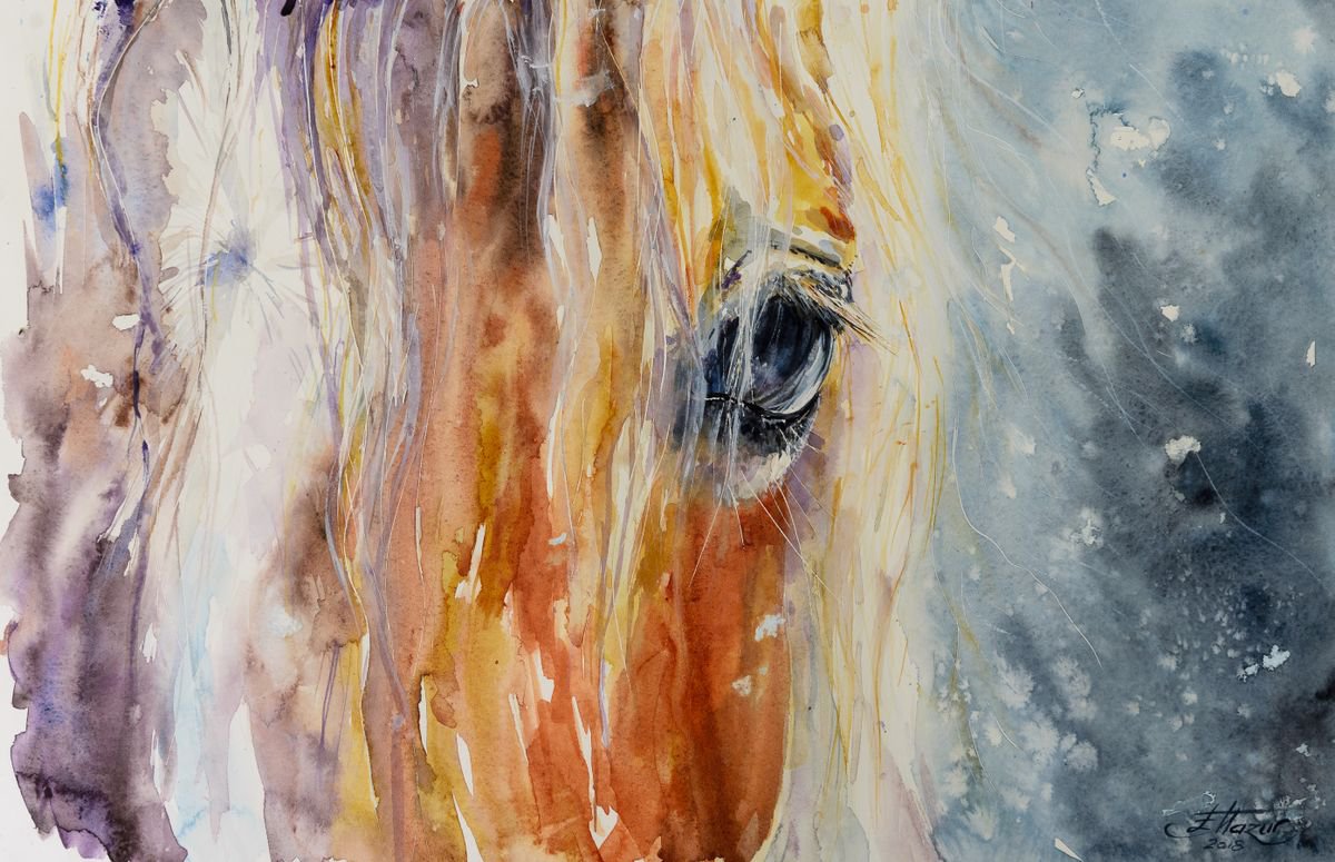 Impressionistic Animal Watercolour By Eve Mazur, 22 X 15, Horse, Original Artwork