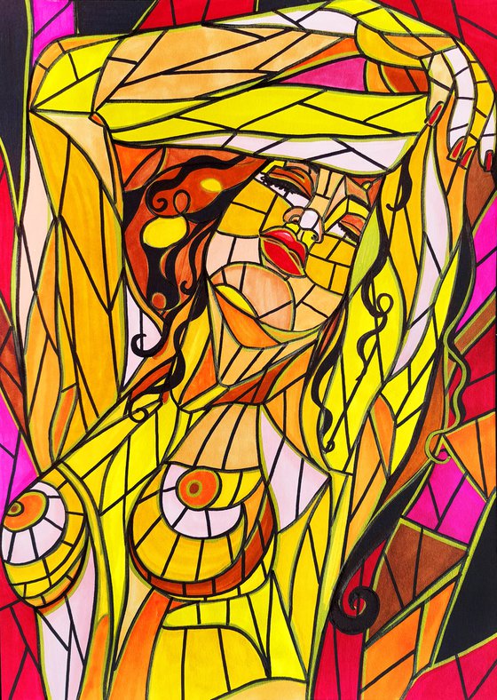 Abstract black woman in stained glass cubism style. African queen nude figure female portrait