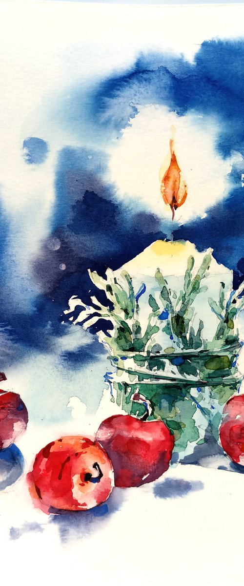 "Decorated Christmas candle" original watercolor artwork by Ksenia Selianko