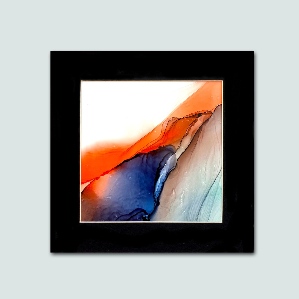 Volcano abstract landsacape in red and blue colors with gold, home decor , gift idea by Irina Povaliaeva
