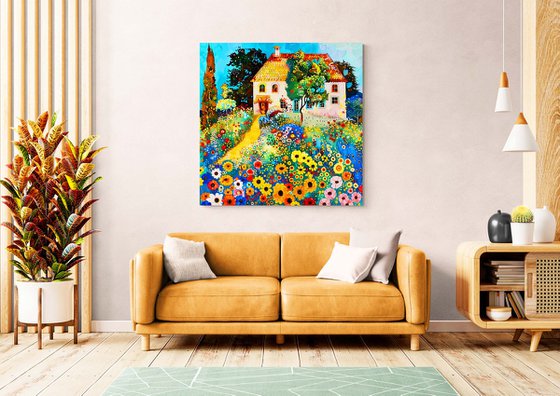 Sunny day with cozy house in colorful garden. Bright impressionistic fairytale floral landscape fantasy flowers. Hanging large positive relax naive fine art for home decor, inspiration by Matisse and Klimt