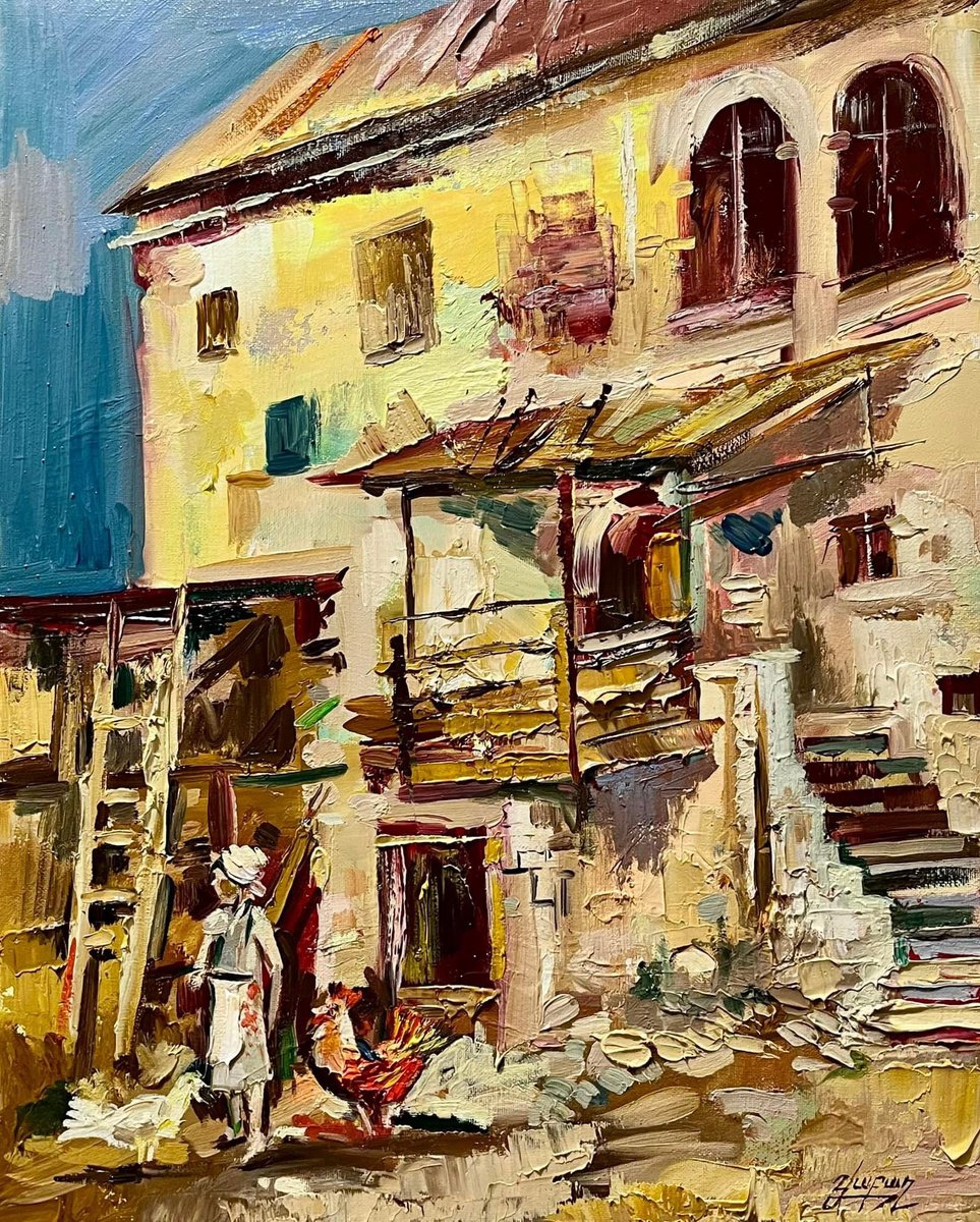 Impressionistic Landscape Oil Painting By Vahe Bagumyan, 16 X 20", Daily Life In Rural, Original Artwork