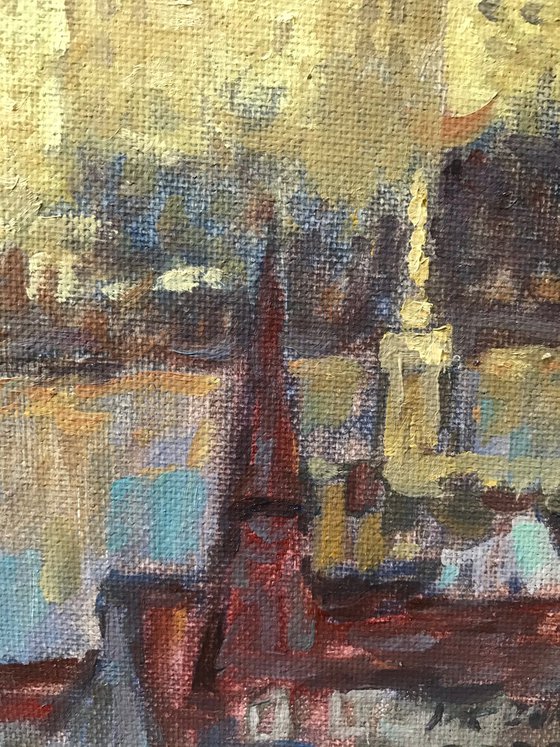 Original Oil Painting Wall Art Signed unframed Hand Made Jixiang Dong Canvas 25cm × 20cm Cityscape Golden Budapest Small Impressionism Impasto