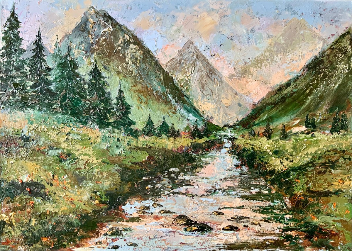 Impressionistic Landscape Oil Painting By Alexandra Jagoda (Ovcharenko), 28 X 20, Mountain Stream, Original Artwork