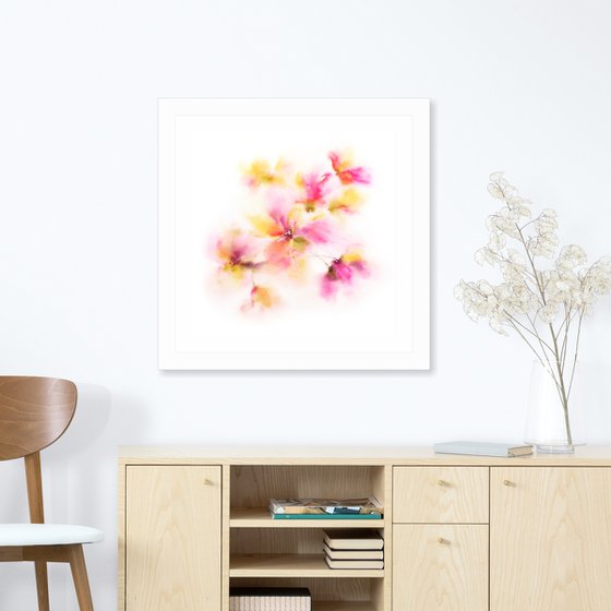 Pink yellow flowers bouquet, watercolor abstract floral wall art "Sun day"