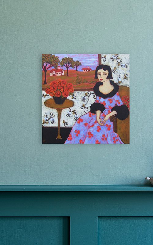 Woman with Azure Gown & Roses by Karen Rieger