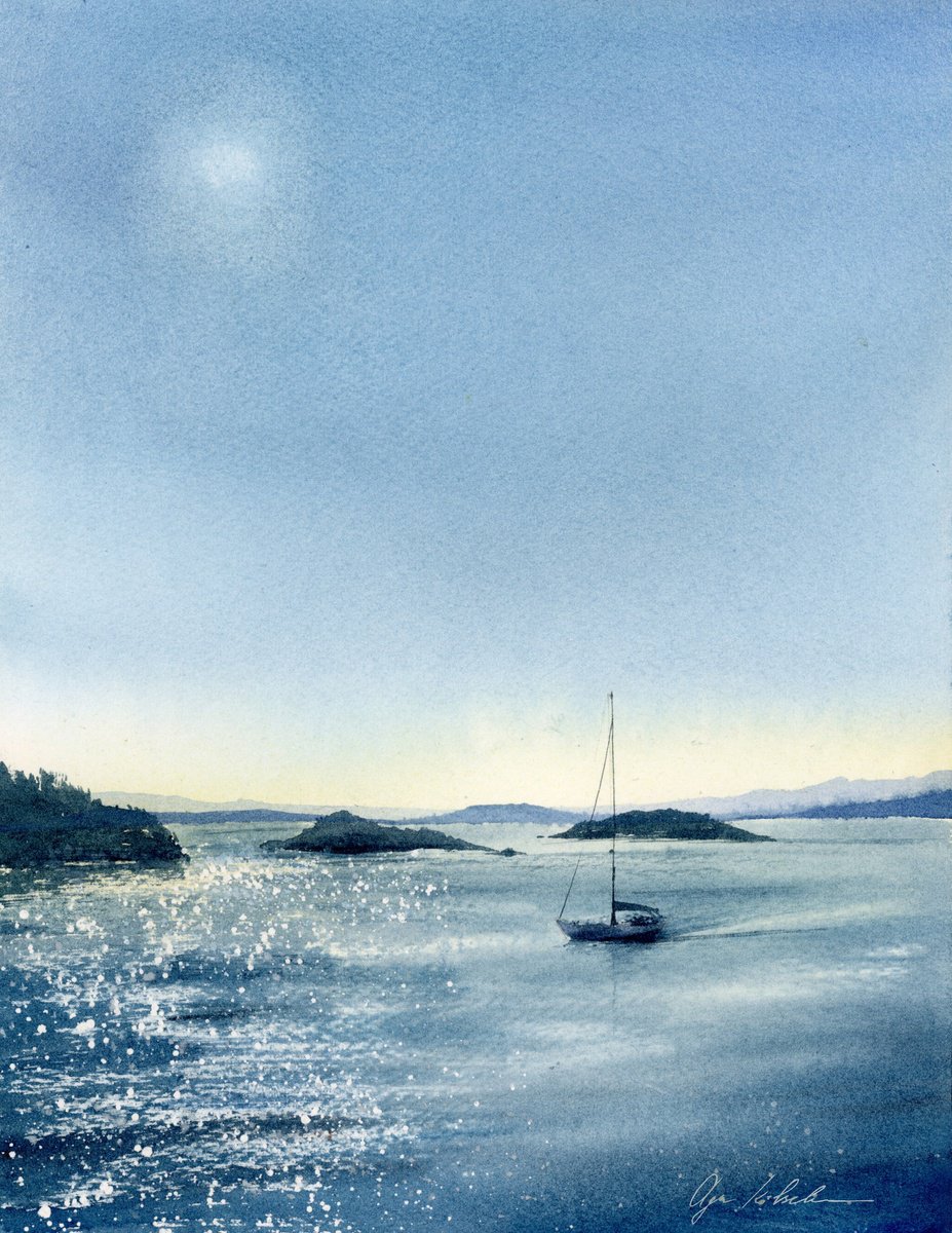 Impressionistic Watercolour , Sailing Towards Sun By Olga Koelsch, 9 X 12, Artwork For Sale On Artfinder