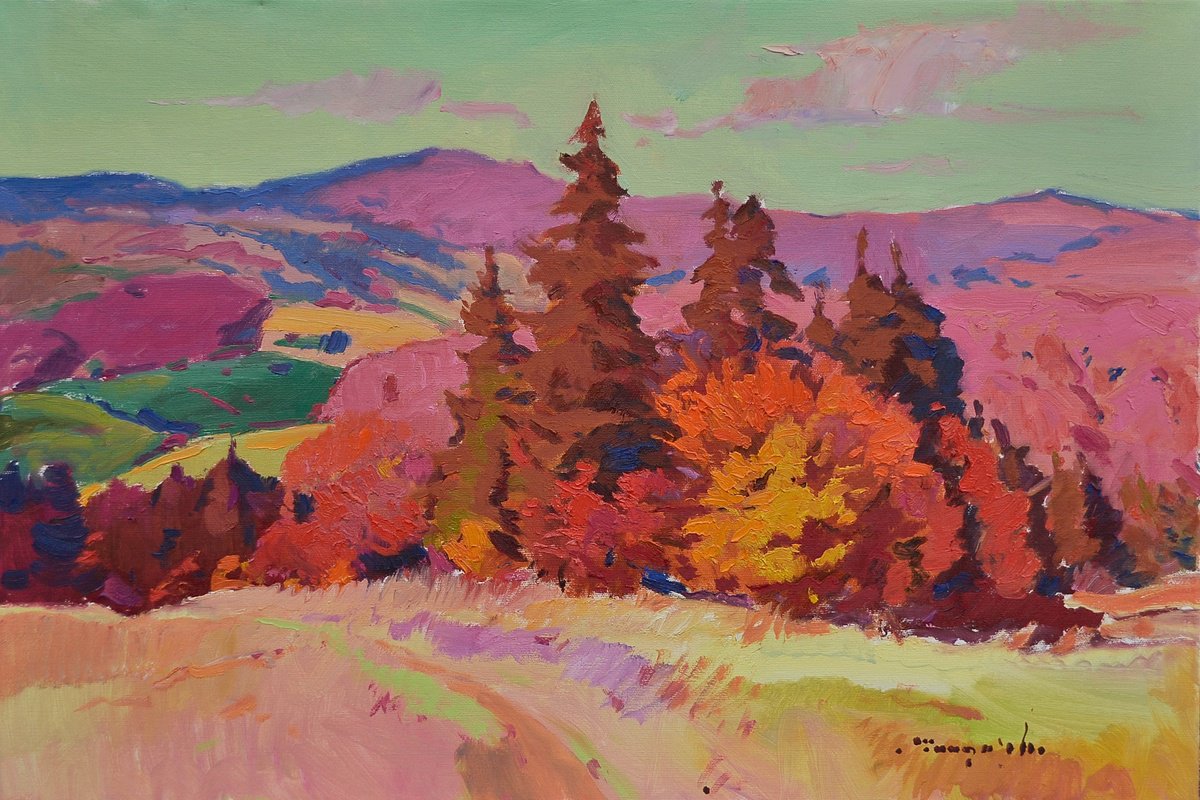 Impressionistic Landscape Oil Painting By Alexander Shandor, 28 X 20, Pink Autumn, Original Artwork