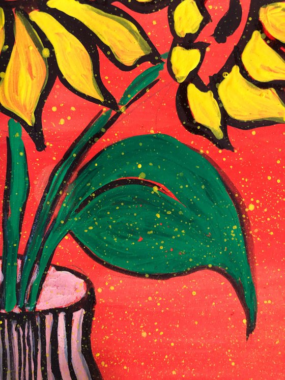 Sunflowers in vase on Red