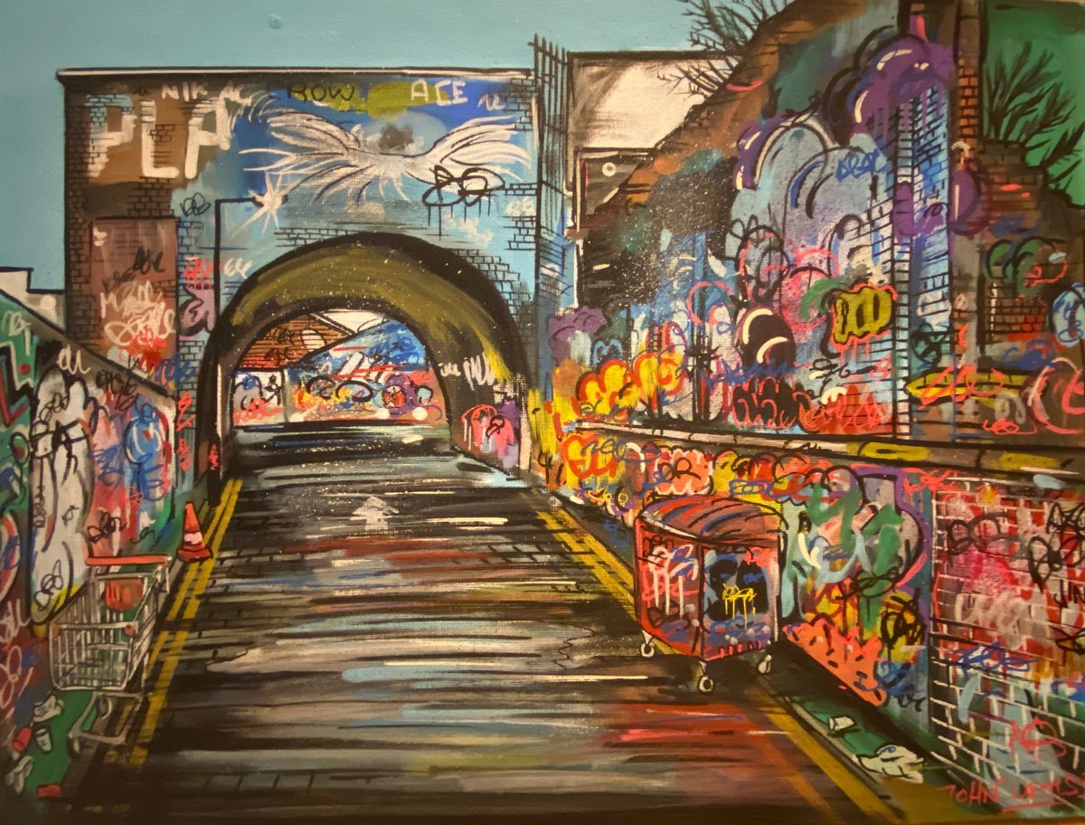Illustrative Cityscapes Painting By John Curtis, 16 X 12, Tunnel, Original Artwork